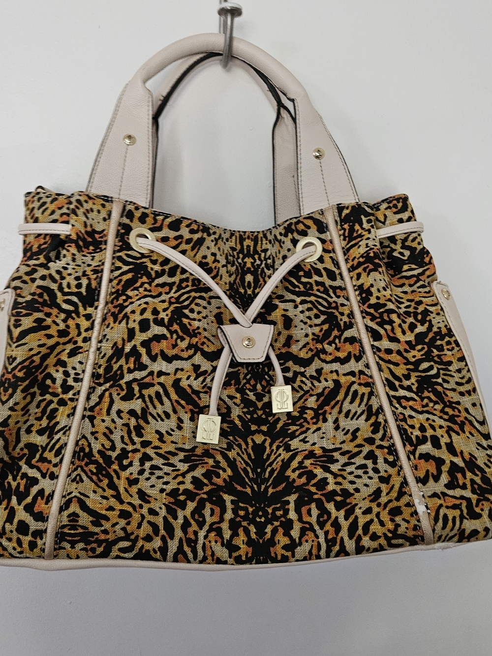 JLo Leopard-Print Drawstring Tote Bag with Cream Trim